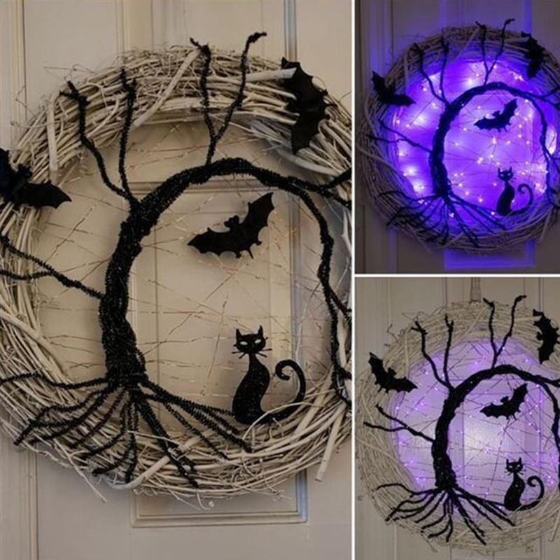 Lisslune | Black Bat Cat Halloween Door Wreath Led Light