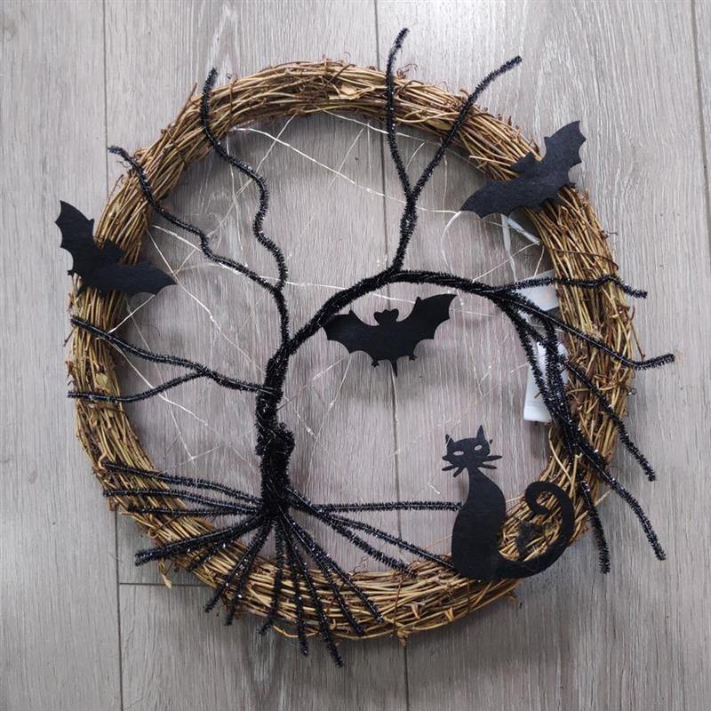 Lisslune | Black Bat Cat Halloween Door Wreath Led Light