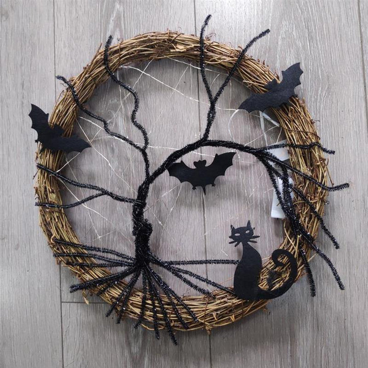 Lisslune | Black Bat Cat Halloween Door Wreath Led Light