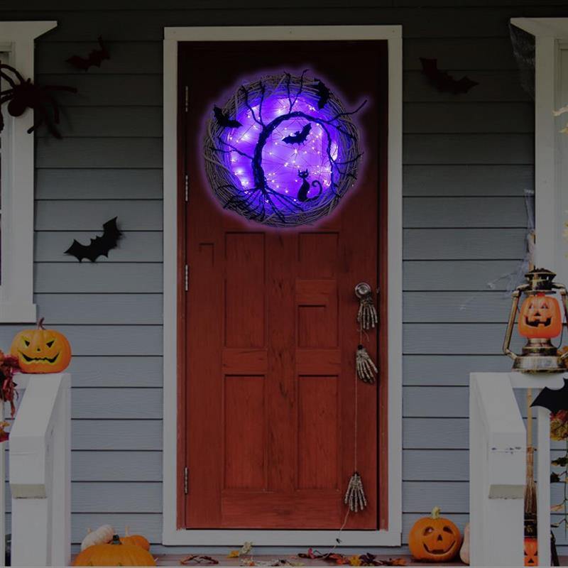 Lisslune | Black Bat Cat Halloween Door Wreath Led Light