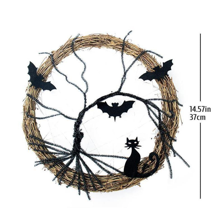 Lisslune | Black Bat Cat Halloween Door Wreath Led Light