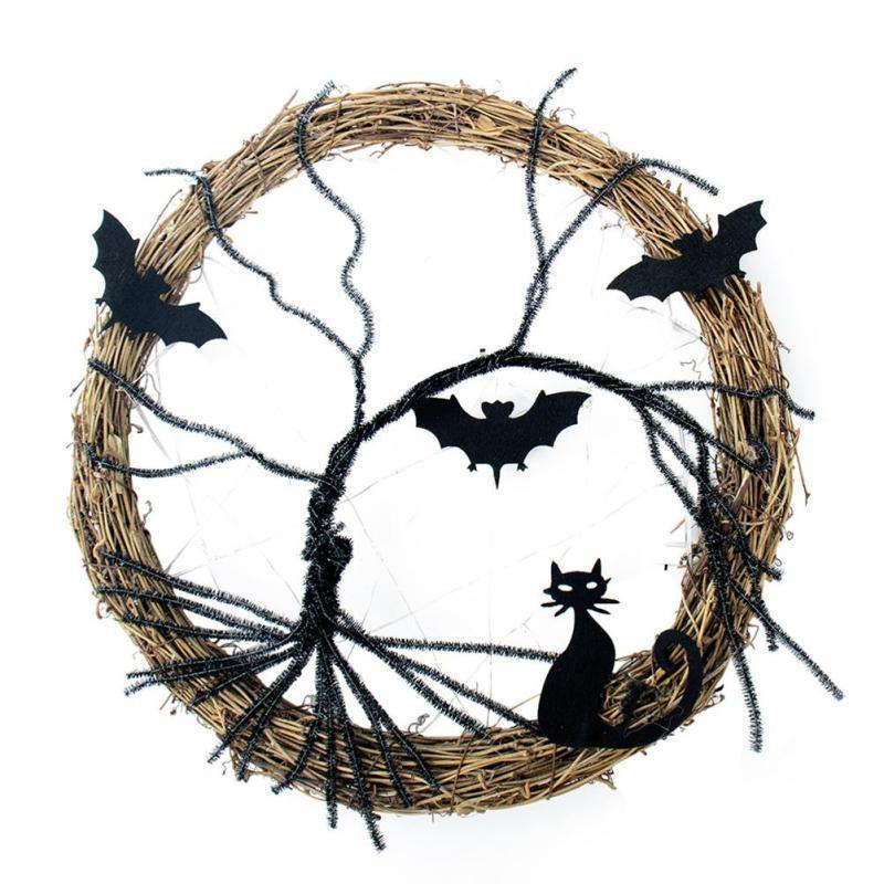 Lisslune | Black Bat Cat Halloween Door Wreath Led Light