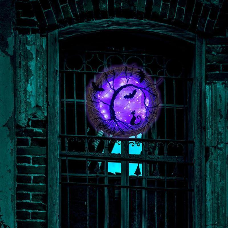 Lisslune | Black Bat Cat Halloween Door Wreath Led Light