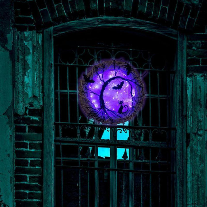 Lisslune | Black Bat Cat Halloween Door Wreath Led Light