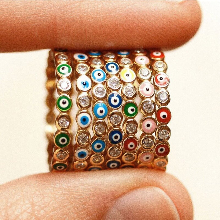 Lisslune | Bohemian Rainbow Evil Eye Rhinestone Filled Gold Rings