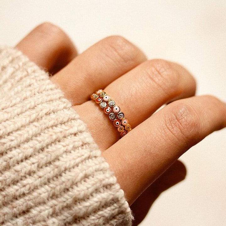 Lisslune | Bohemian Rainbow Evil Eye Rhinestone Filled Gold Rings