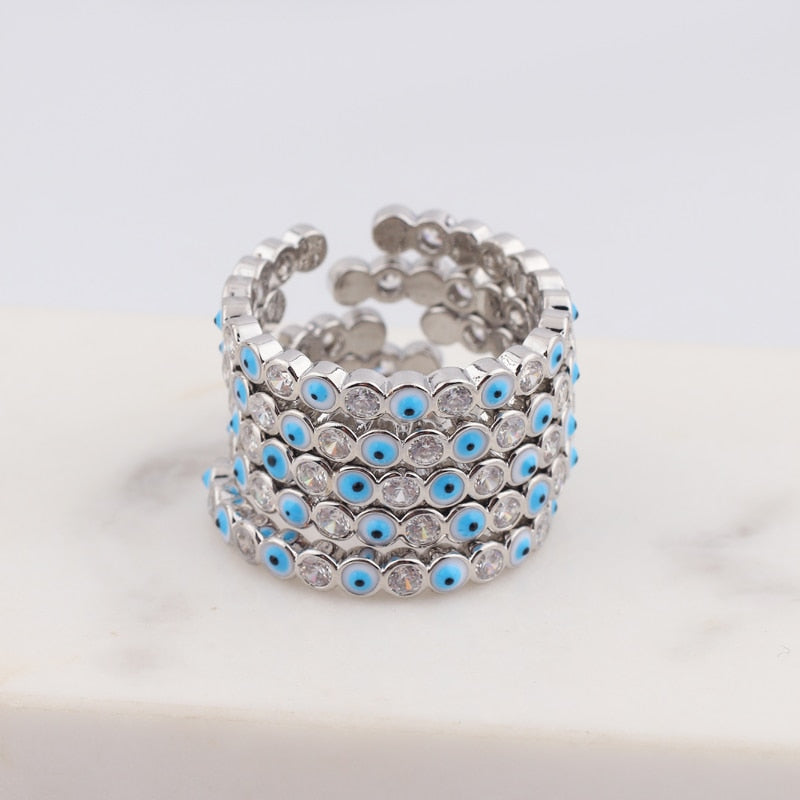 Lisslune | Bohemian Rainbow Evil Eye Rhinestone Filled Gold Rings