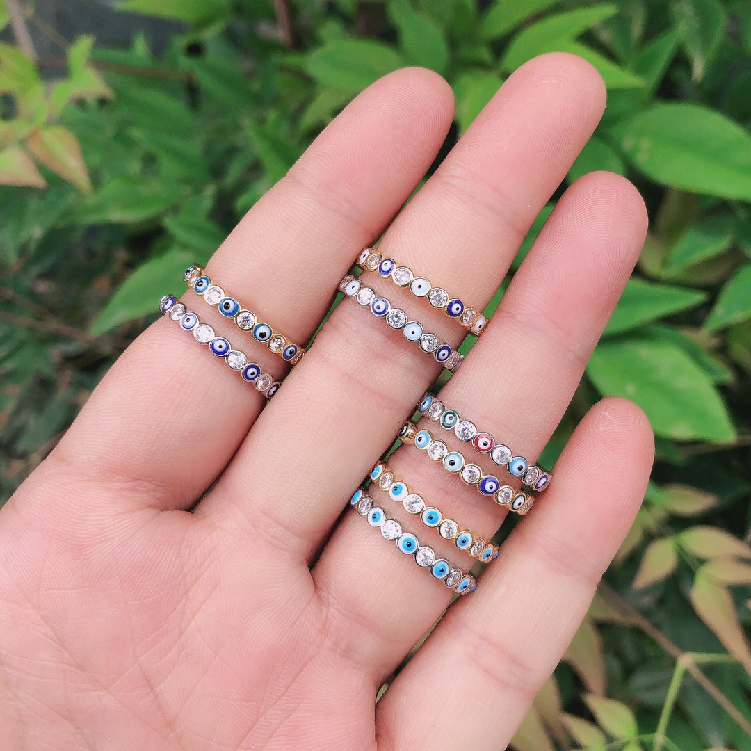 Lisslune | Bohemian Rainbow Evil Eye Rhinestone Filled Gold Rings