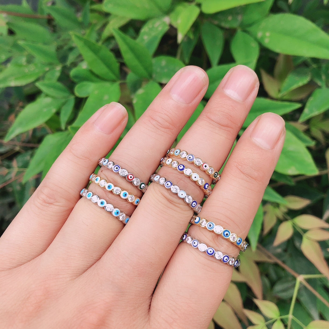 Lisslune | Bohemian Rainbow Evil Eye Rhinestone Filled Gold Rings