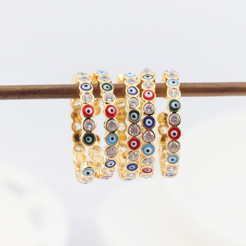 Lisslune | Bohemian Rainbow Evil Eye Rhinestone Filled Gold Rings