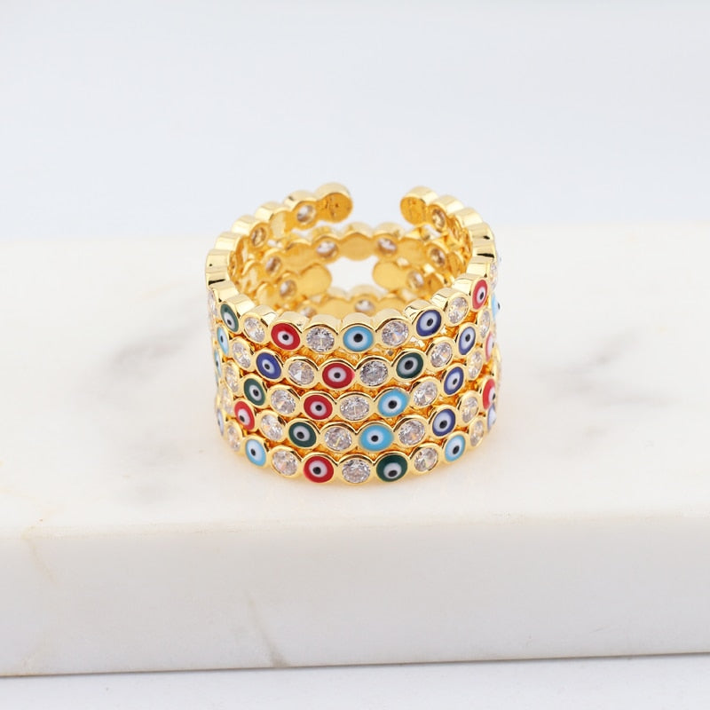 Lisslune | Bohemian Rainbow Evil Eye Rhinestone Filled Gold Rings