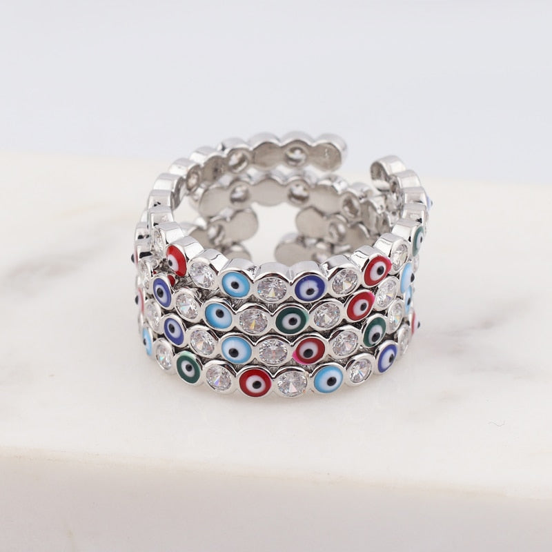 Lisslune | Bohemian Rainbow Evil Eye Rhinestone Filled Gold Rings