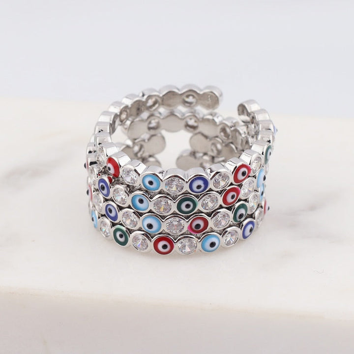 Lisslune | Bohemian Rainbow Evil Eye Rhinestone Filled Gold Rings