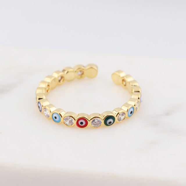 Lisslune | Bohemian Rainbow Evil Eye Rhinestone Filled Gold Rings