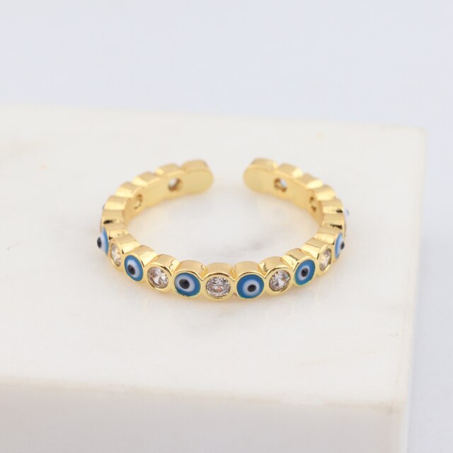 Lisslune | Bohemian Rainbow Evil Eye Rhinestone Filled Gold Rings