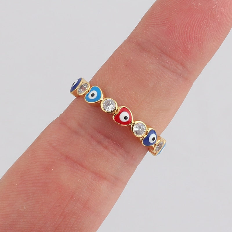 Lisslune | Bohemian Rainbow Evil Eye Rhinestone Filled Gold Rings