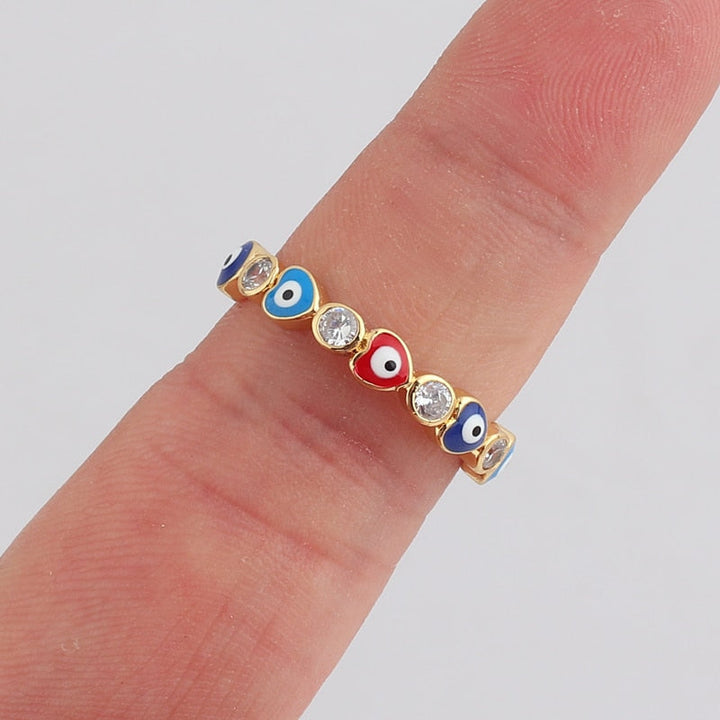 Lisslune | Bohemian Rainbow Evil Eye Rhinestone Filled Gold Rings