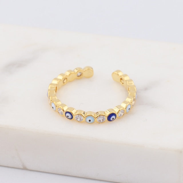 Lisslune | Bohemian Rainbow Evil Eye Rhinestone Filled Gold Rings