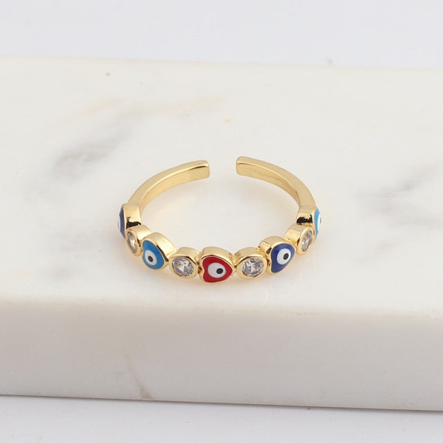 Lisslune | Bohemian Rainbow Evil Eye Rhinestone Filled Gold Rings