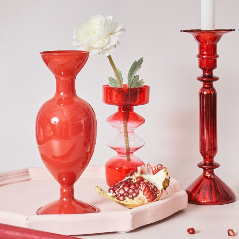 Lisslune | Cherry Red Glass Stick Candle Holder & Vases