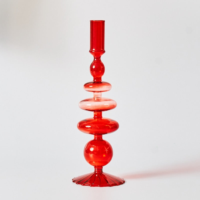 Lisslune | Cherry Red Glass Stick Candle Holder & Vases