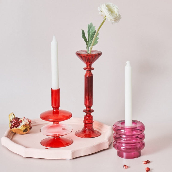 Lisslune | Cherry Red Glass Stick Candle Holder & Vases