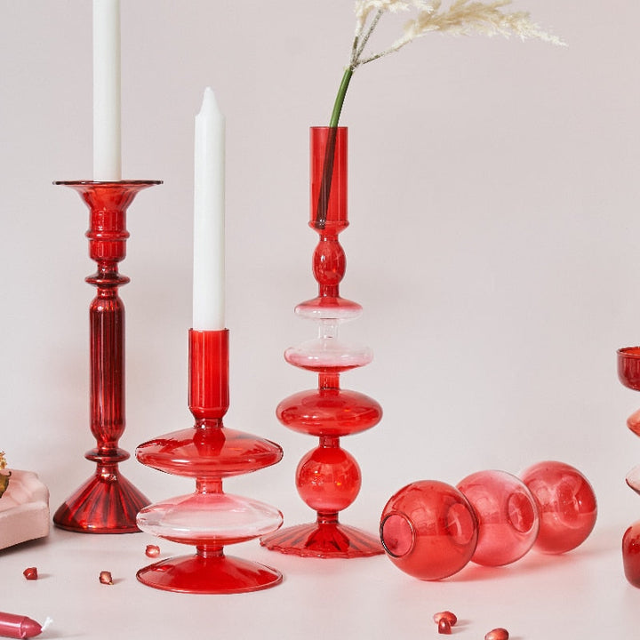 Lisslune | Cherry Red Glass Stick Candle Holder & Vases
