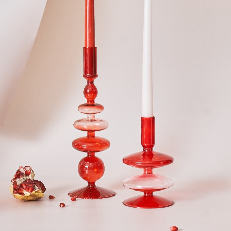 Lisslune | Cherry Red Glass Stick Candle Holder & Vases