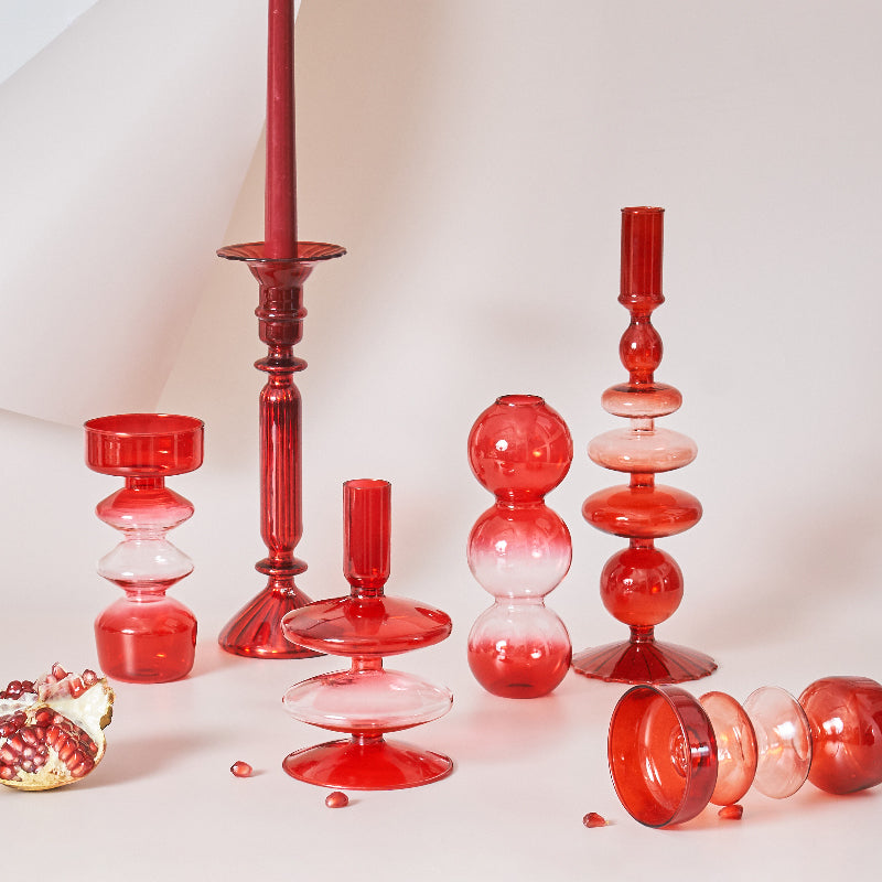Lisslune | Cherry Red Glass Stick Candle Holder & Vases