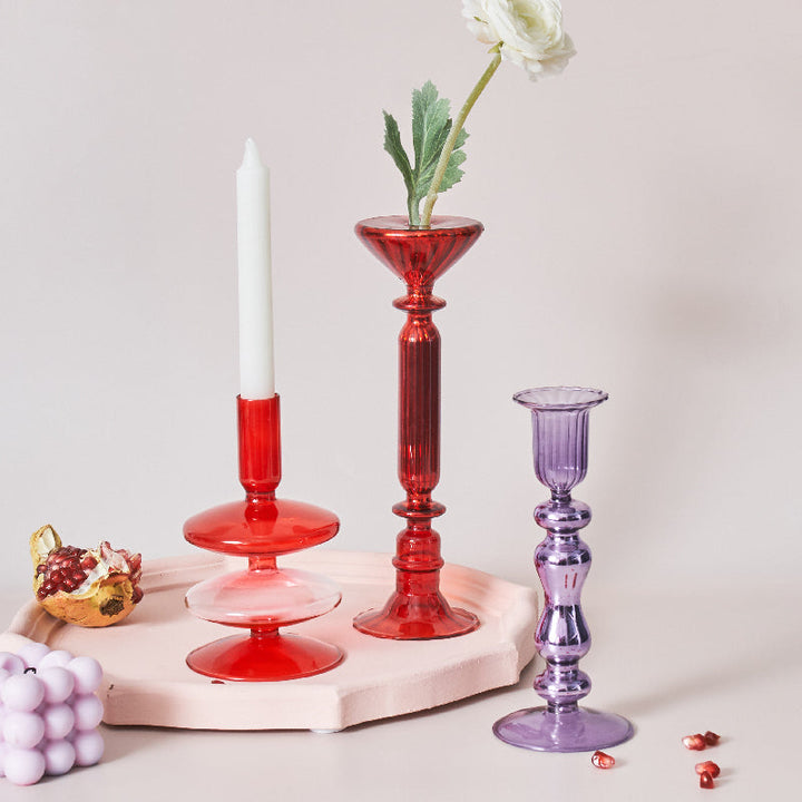 Lisslune | Cherry Red Glass Stick Candle Holder & Vases