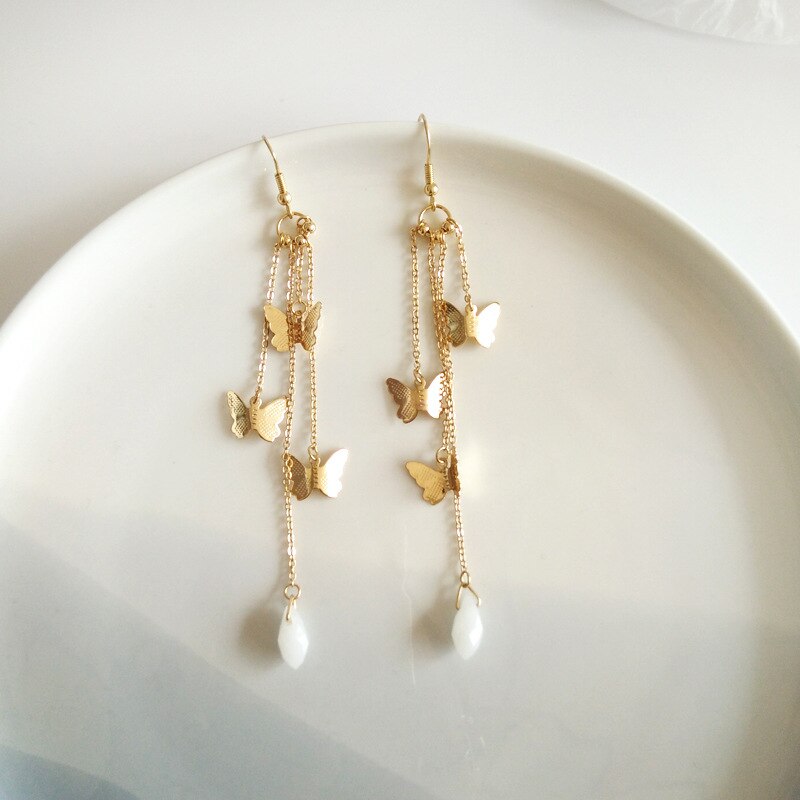Lisslune | Korean Style Retro Super Fairy Butterfly Tassel Long Clip on Earrings