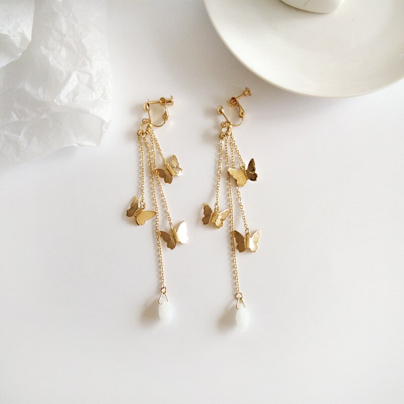 Lisslune | Korean Style Retro Super Fairy Butterfly Tassel Long Clip on Earrings