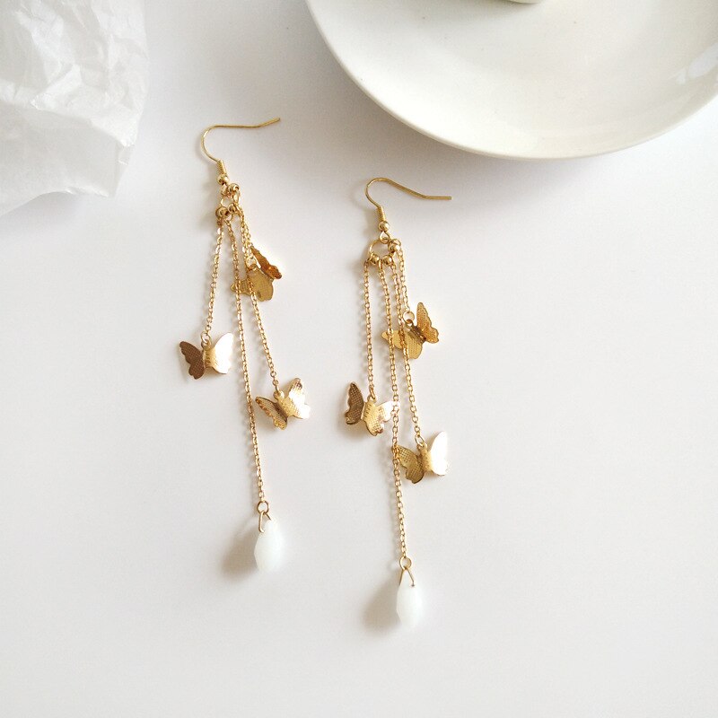 Lisslune | Korean Style Retro Super Fairy Butterfly Tassel Long Clip on Earrings