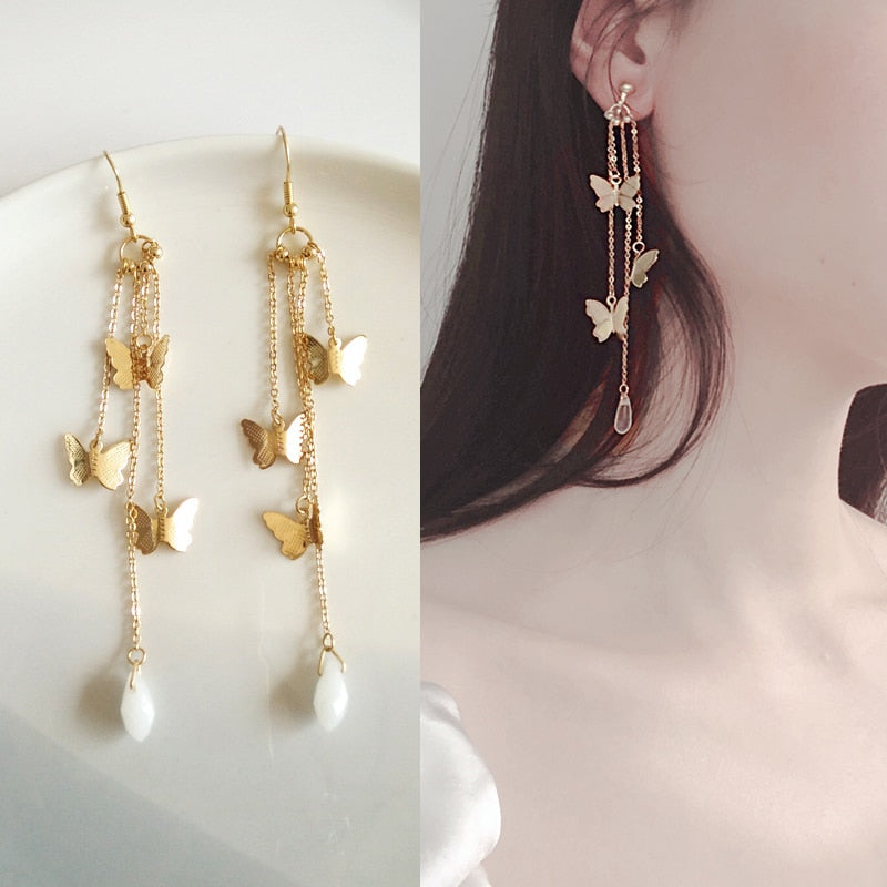 Lisslune | Korean Style Retro Super Fairy Butterfly Tassel Long Clip on Earrings
