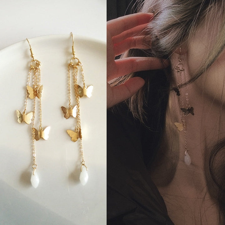 Lisslune | Korean Style Retro Super Fairy Butterfly Tassel Long Clip on Earrings