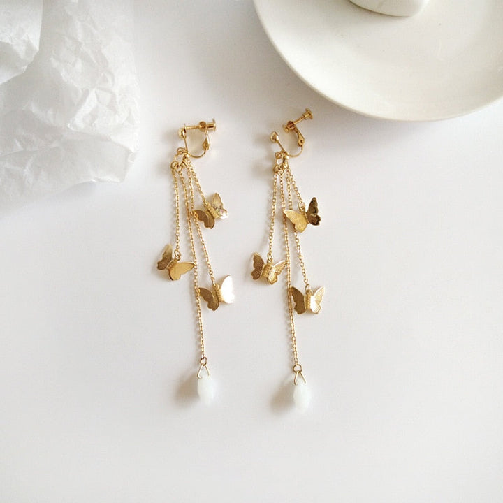 Lisslune | Korean Style Retro Super Fairy Butterfly Tassel Long Clip on Earrings