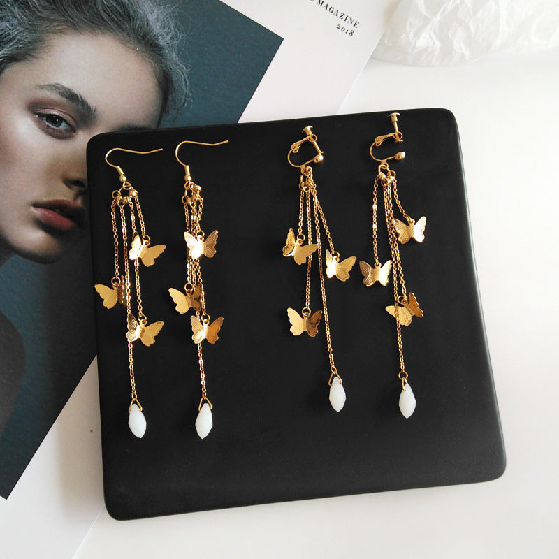 Lisslune | Korean Style Retro Super Fairy Butterfly Tassel Long Clip on Earrings