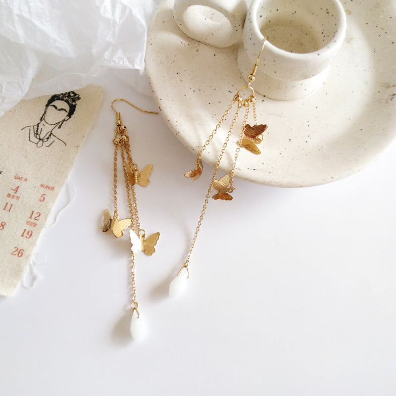 Lisslune | Korean Style Retro Super Fairy Butterfly Tassel Long Clip on Earrings