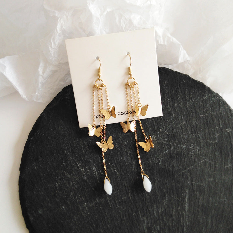 Lisslune | Korean Style Retro Super Fairy Butterfly Tassel Long Clip on Earrings