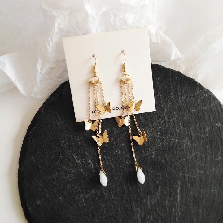 Lisslune | Korean Style Retro Super Fairy Butterfly Tassel Long Clip on Earrings