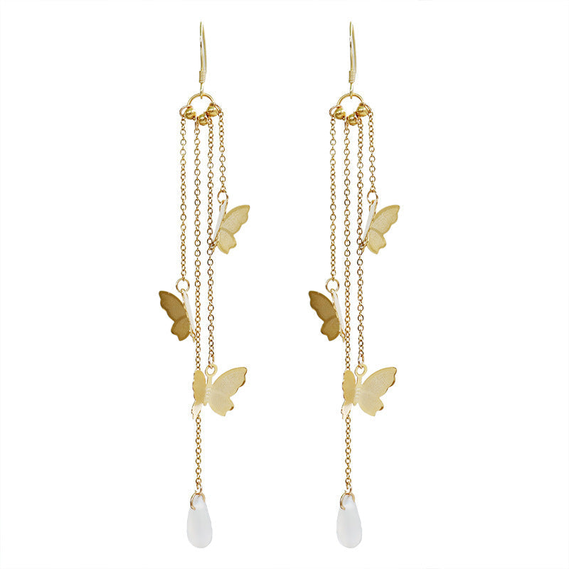 Lisslune | Korean Style Retro Super Fairy Butterfly Tassel Long Clip on Earrings