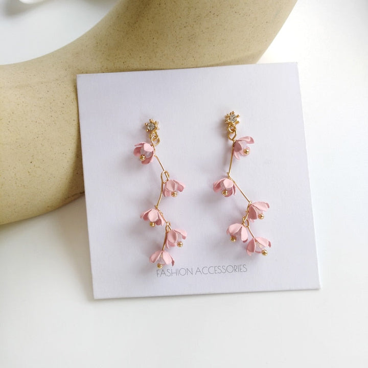 Lisslune | Long Rhinestone Crystal Pink Sakura Flower with Zircon Clip Earrings
