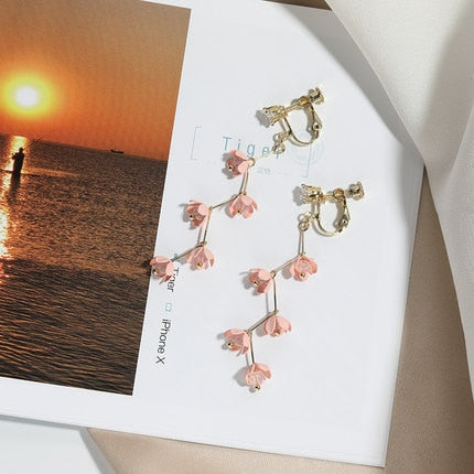 Lisslune | Long Rhinestone Crystal Pink Sakura Flower with Zircon Clip Earrings