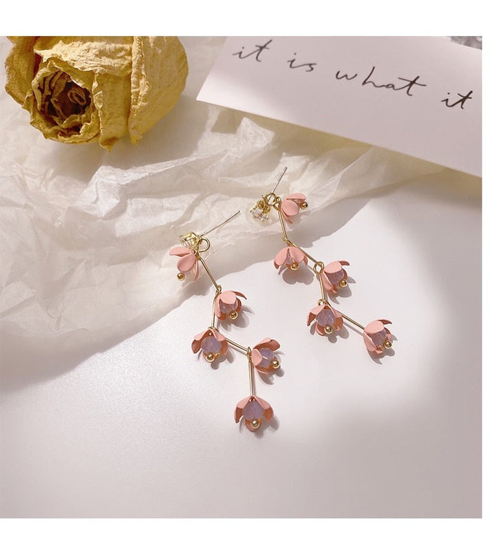 Lisslune | Long Rhinestone Crystal Pink Sakura Flower with Zircon Clip Earrings