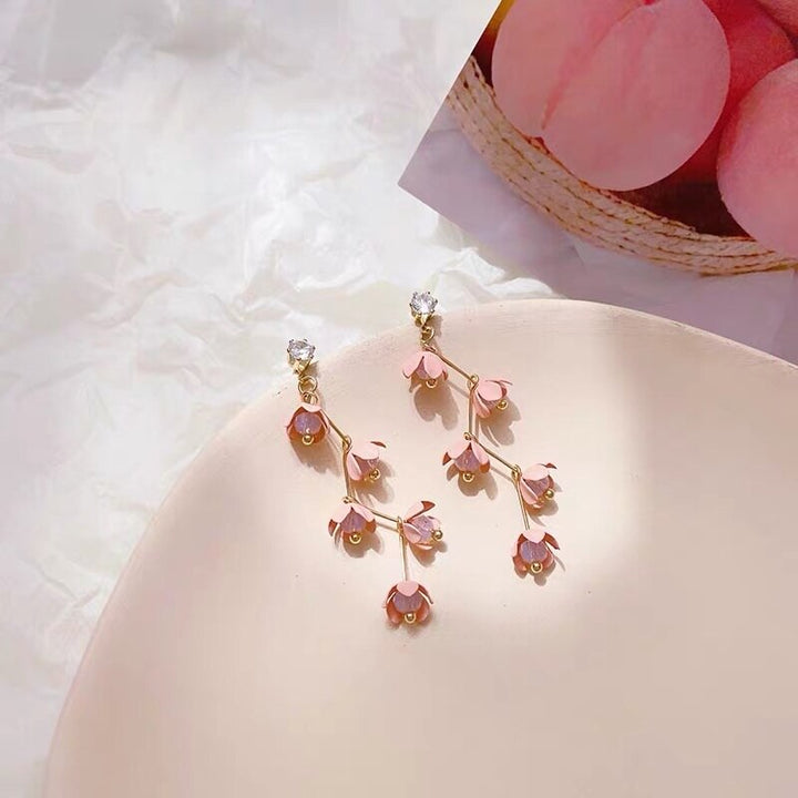 Lisslune | Long Rhinestone Crystal Pink Sakura Flower with Zircon Clip Earrings