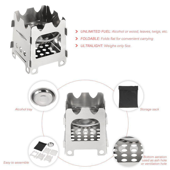 Lisslune | Pocket Rocket Stove Folding Wood Camping with Alcohol Tray Stainless Steel