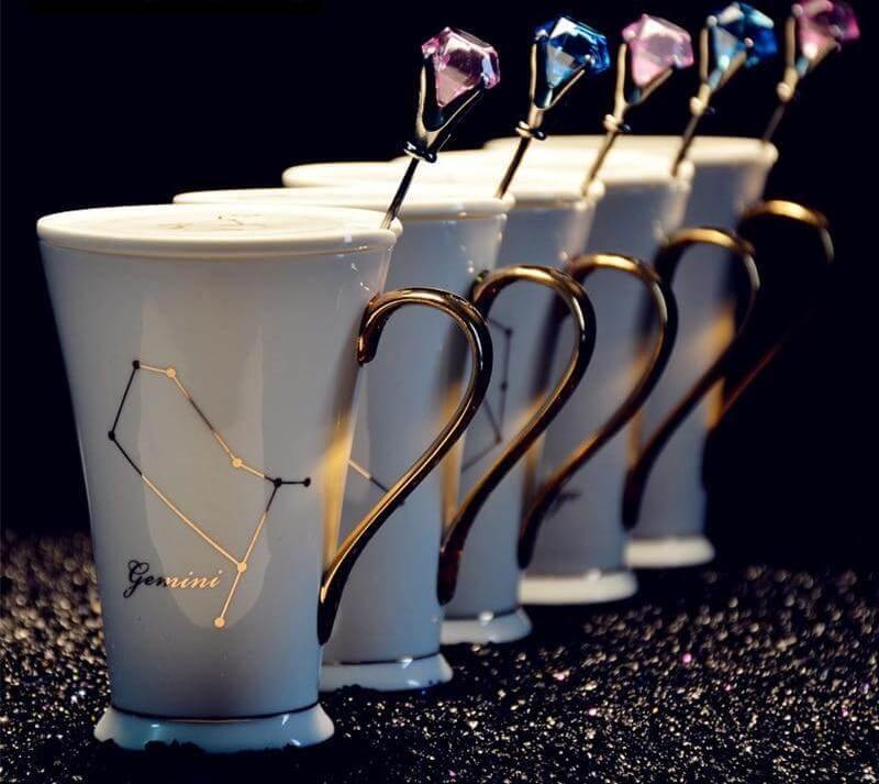 Lisslune | White And Gold Ceramic Coffee mugs with Zodiac Signs