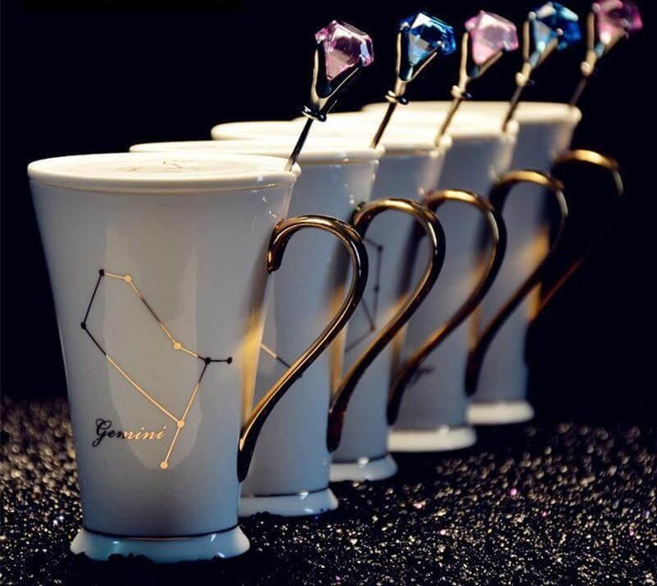 Lisslune | White And Gold Ceramic Coffee mugs with Zodiac Signs