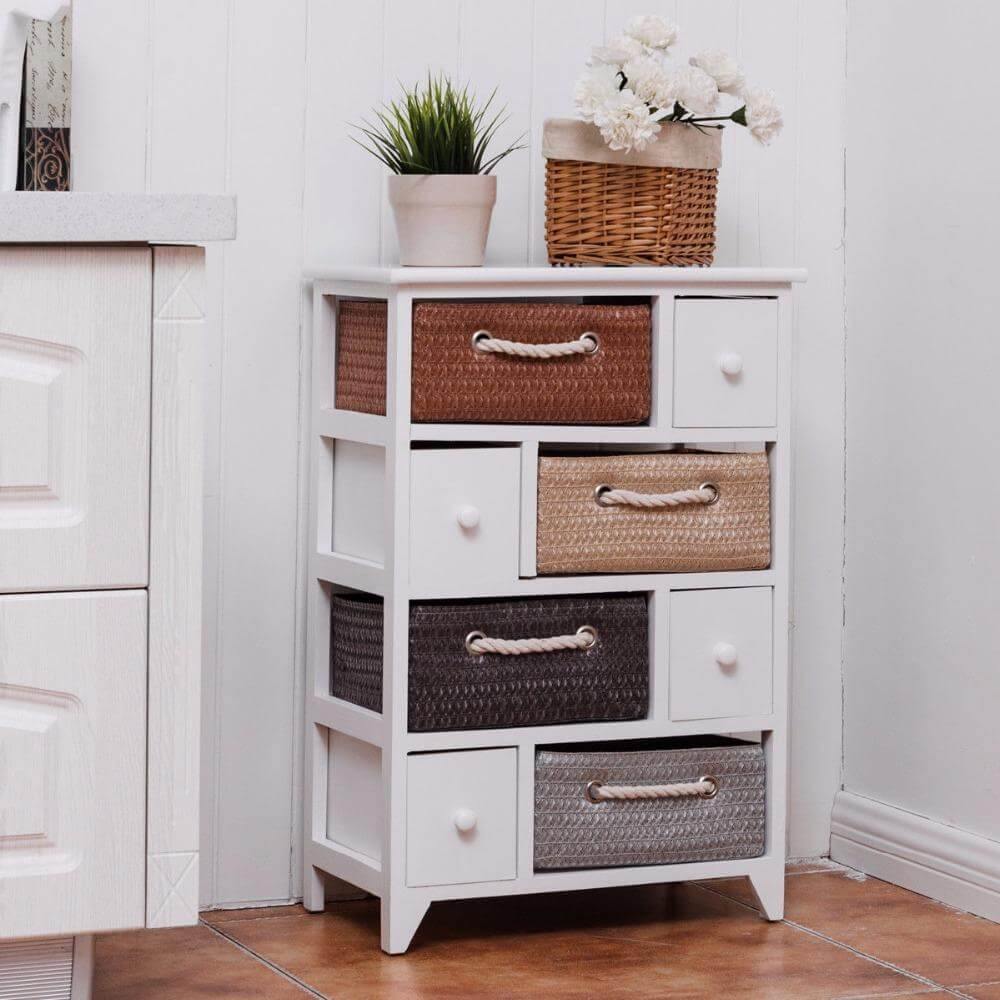 Lisslune | Wooden 4 Drawer 4 Woven Basket Storage Cabinet