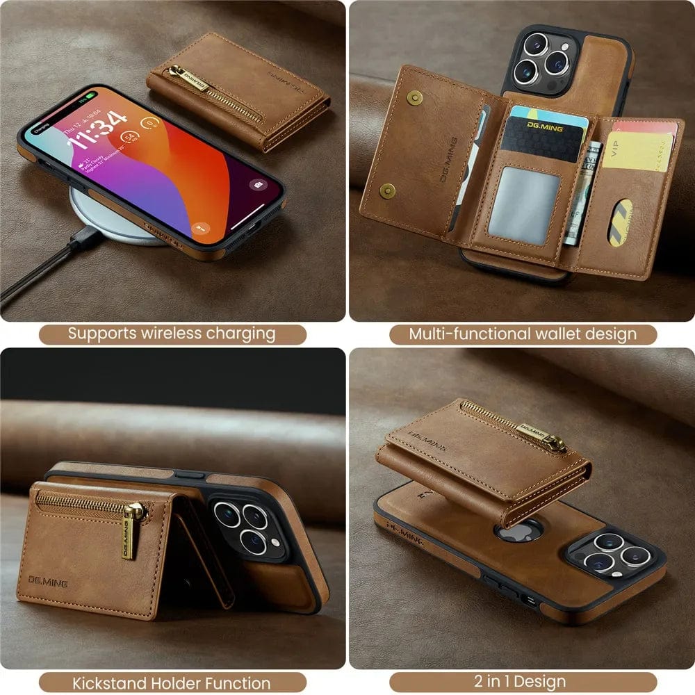 Lisslune | RFID iPhone Wallet Case | Removable Magnetic Leather Car Mount Shockproof Case